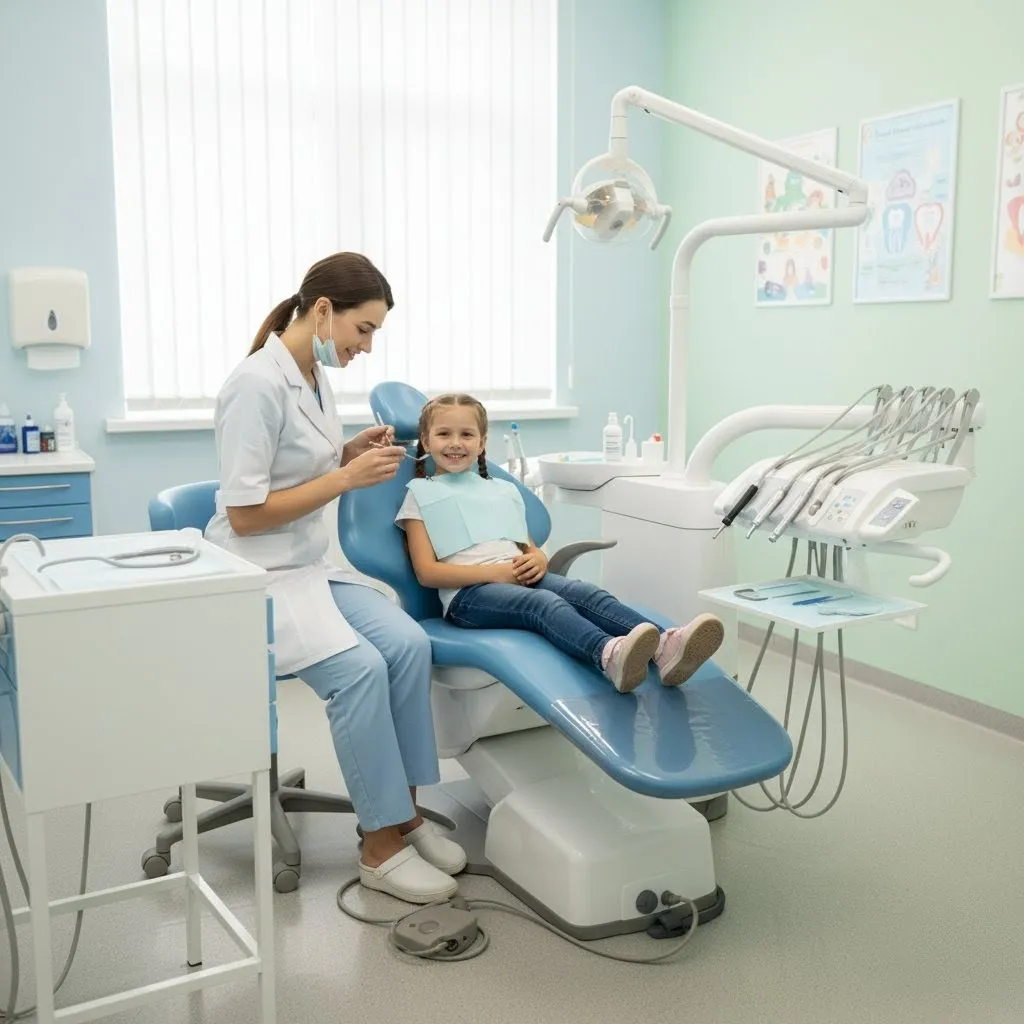 Smiling child in the dental chair with a pediatric dentist